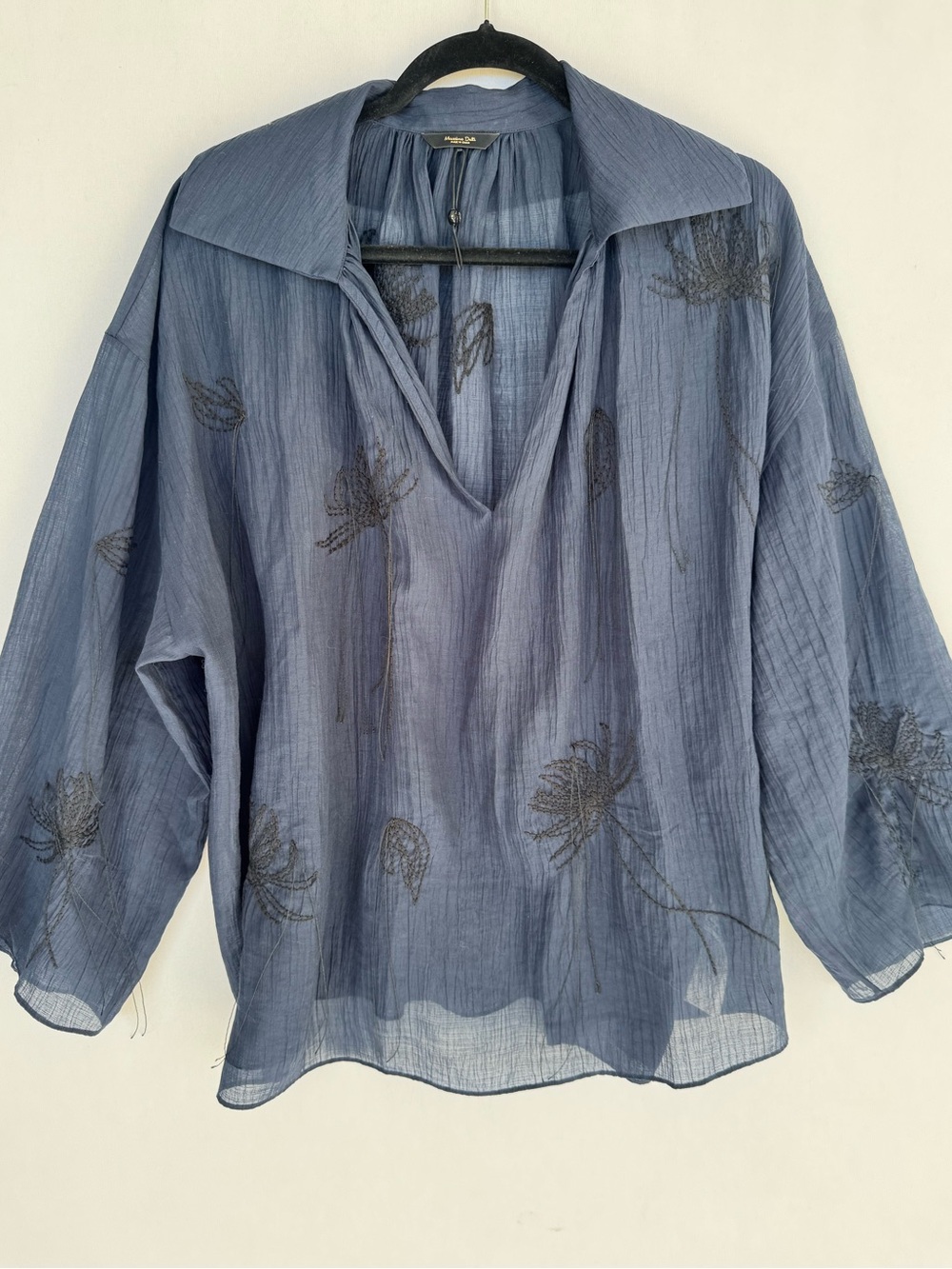 Massimo Dutti Sheer Slate Blue Embroidered V-Neck Blouse